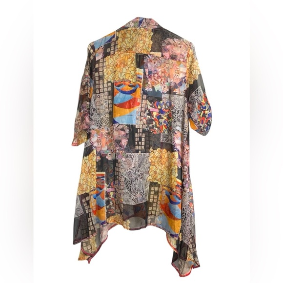 Feratelli Sheer Top, Short Sleeve, Front Zipper, Asymmetrical Hem, Crazy Quilt - Picture 3 of 9